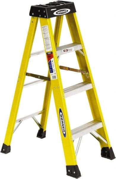 Werner - 3 Steps, 4' High, Type IA Rating, Fiberglass Step Ladder - 300 Lb Load Capacity, 19" Base Width - Benchmark Tooling