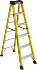 Werner - 5 Steps, 6' High, Type IA Rating, Fiberglass Step Ladder - 300 Lb Load Capacity, 22" Base Width - Benchmark Tooling