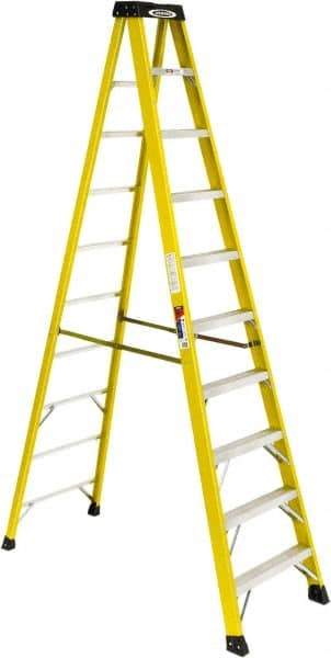 Werner - 9 Steps, 10' High, Type IA Rating, Fiberglass Step Ladder - 300 Lb Load Capacity, 28" Base Width - Benchmark Tooling