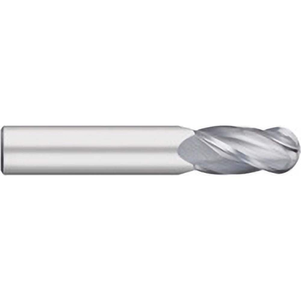 Ball End Mill: 0.0156″ Dia, 0.0313″ LOC, 4 Flute, Solid Carbide 1-1/2″ OAL, 1/8″ Shank Dia, 30 ° Helix, Uncoated, Single End