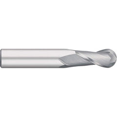 Ball End Mill: 0.0781″ Dia, 0.25″ LOC, 2 Flute, Solid Carbide 1-1/2″ OAL, 1/8″ Shank Dia, 30 ° Helix, Uncoated, Single End