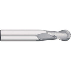 Ball End Mill: 0.625″ Dia, 1.25″ LOC, 2 Flute, Solid Carbide 3-1/2″ OAL, 5/8″ Shank Dia, 30 ° Helix, Uncoated, Single End