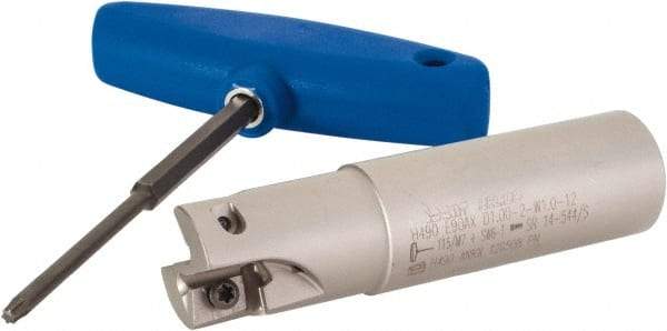 Iscar - 1" Cut Diam, 0.472" Max Depth of Cut, 1" Shank Diam, 4" OAL, Indexable Square Shoulder Helical End Mill - H490 AN.X 12 Inserts, Weldon Shank, 90° Lead Angle, Through Coolant, Series Helido - Benchmark Tooling