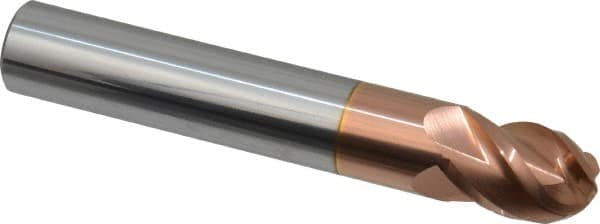 Accupro - 12mm Diam, 16mm LOC, 4 Flute Solid Carbide Ball End Mill - TiCN Finish, Single End, 76mm OAL, 12mm Shank Diam, Spiral Flute - Benchmark Tooling