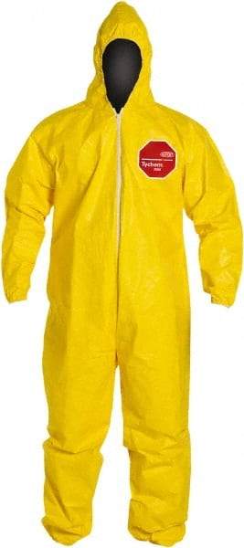 Dupont - Size XL PE Film Chemical Resistant Coveralls - Yellow, Zipper Closure, Elastic Cuffs, Elastic Ankles, Serged Seams - Benchmark Tooling
