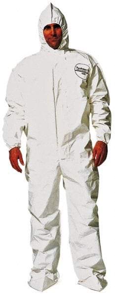 Dupont - Size 4XL Saranex Chemical Resistant Coveralls - White, Zipper Closure, Elastic Cuffs, Open Ankles, Bound Seams - Benchmark Tooling