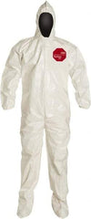 Dupont - Size L Saranex Chemical Resistant Coveralls - White, Zipper Closure, Elastic Cuffs, Open Ankles, Bound Seams - Benchmark Tooling