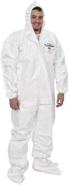 Dupont - Size 2XL Saranex Chemical Resistant Coveralls - White, Zipper Closure, Elastic Cuffs, Open Ankles, Bound Seams - Benchmark Tooling