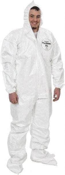 Dupont - Size 3XL Saranex Chemical Resistant Coveralls - White, Zipper Closure, Elastic Cuffs, Open Ankles, Bound Seams - Benchmark Tooling