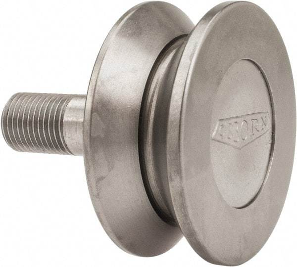 Osborn International - 2" Roller Diam x 27/32" Width, 1/2" Stud Diam x 1-1/4" Length, V Grooved Concentric Stud - Steel, 5/8" Thread Length, 1/2-20 Thread, 2-3/32" OAL, 600 Lb Dynamic Cap - Benchmark Tooling