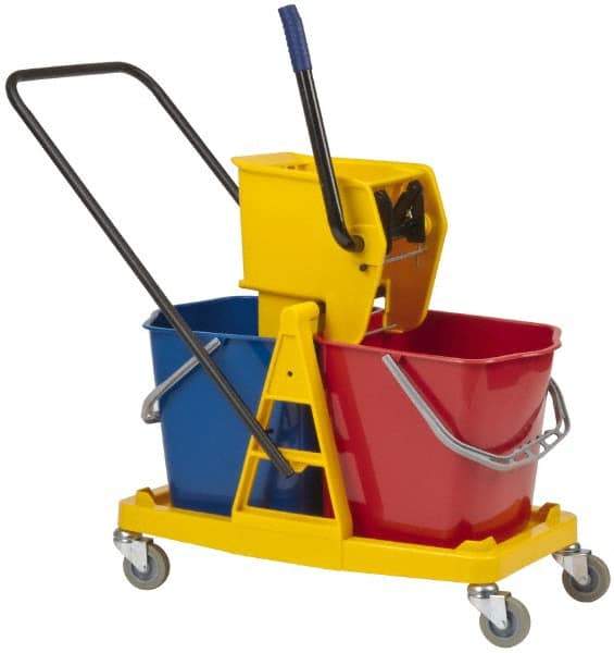 PRO-SOURCE - 63 Qt Plastic Bucket & Wringer - 31" Long x 20-1/2" High x 17" Wide, Blue/Red - Benchmark Tooling