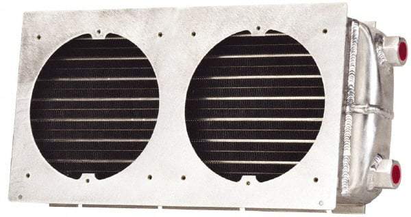 Lytron - 3/8-18 FNPT, 2 Fan Mount, Liquid-To-Air Aluminum Brazed Process Equipment Heat Exchanger - Oil Cooler, Ethylene Glycol/Water Mixture Cooler, 8.4" High x 18" Wide x 3.1" Deep, 5,025 BTU/Hr, 400°F Max - Benchmark Tooling