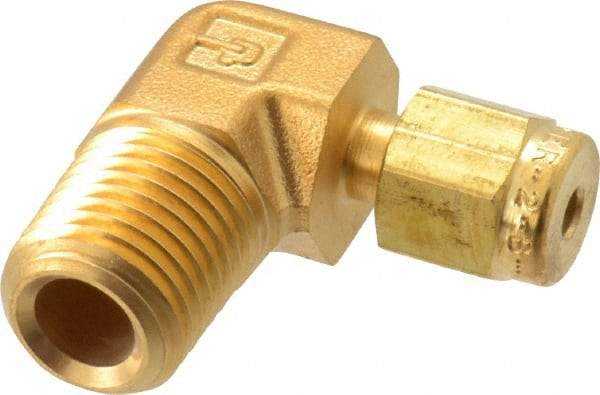 Parker - 1/8" OD, Brass Male Elbow - 3,600 Max Working psi, 9/16" Hex, Comp x MNPT Ends - Benchmark Tooling