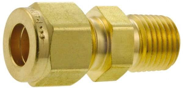 Parker - 3/8" OD, Brass Male Connector - 2,300 Max Working psi, 1-1/16" Hex, Comp x MNPT Ends - Benchmark Tooling