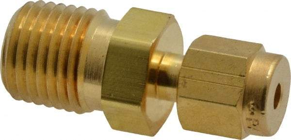 Parker - 1/8" OD, Brass Male Connector - 3,600 Max Working psi, 9/16" Hex, Comp x MNPT Ends - Benchmark Tooling