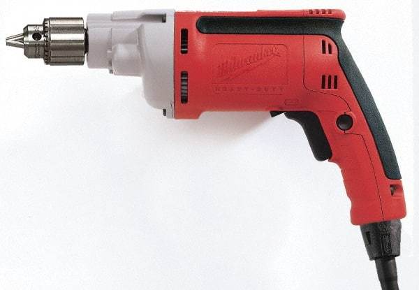 Milwaukee Tool - 1/4" Keyed Chuck, 4,000 RPM, Pistol Grip Handle Electric Drill - 7 Amps, 120 Volts, Reversible, Includes Chuck Key with Holder - Benchmark Tooling