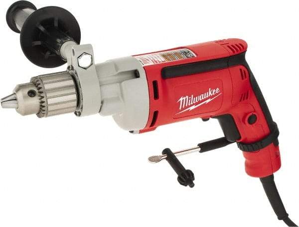 Milwaukee Tool - 1/2" Keyed Chuck, 850 RPM, Pistol Grip Handle Electric Drill - 8 Amps, 120 Volts, Non-Reversible, Includes 1/2" Magnum Drill, Chuck Key with Holder, Side Handle - Benchmark Tooling