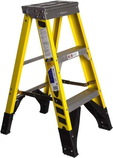 Werner - 2 Steps, 3' High, Type IAA Rating, Fiberglass Step Ladder - 375 Lb Capacity, 19-3/4" Base Width - Benchmark Tooling