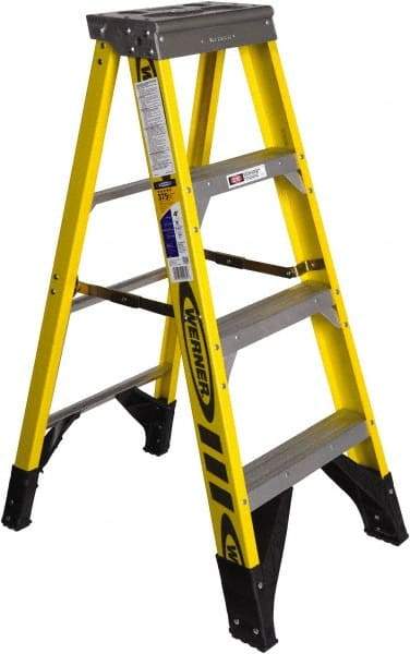 Werner - 3 Steps, 4' High, Type IAA Rating, Fiberglass Step Ladder - 375 Lb Capacity, 21-1/2" Base Width - Benchmark Tooling