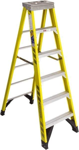 Werner - 5 Steps, 6' High, Type IAA Rating, Fiberglass Step Ladder - 375 Lb Capacity, 25" Base Width - Benchmark Tooling