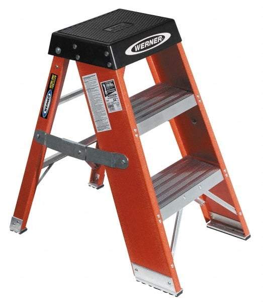 Werner - 2 Steps, 3' High, Type IAA Rating, Fiberglass Step Stand - 375 Lb Capacity, 18-3/4" Base Width - Benchmark Tooling