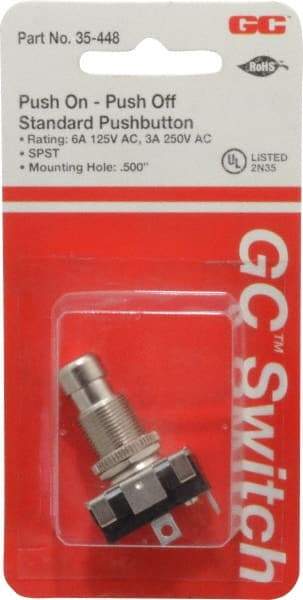 GC/Waldom - 1/2 Inch Mount Hole, Miniature Pushbutton Switch Only - Round, Chrome Pushbutton, Nonilluminated, Maintained (MA), On-Off - Benchmark Tooling