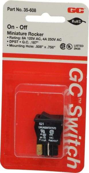 GC/Waldom - DPST, Maintained (MA), On-None-Off Sequence, Miniature Rocket Switch - 8 Amps at 125 Volts, 4 Amps at 250 Volts, Quick Connect & Solder, Panel Mount - Benchmark Tooling