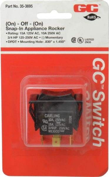 GC/Waldom - DPDT, Momentary (MO), On-Off-On Sequence, Appliance Rocket Switch - 15 Amps at 125 Volts, 10 Amps at 250 Volts, 3/4 hp at 125/250 VAC, Quick Connect, Panel Mount - Benchmark Tooling