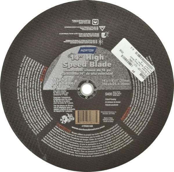 Norton - 14" 16 Grit Silicon Carbide Cutoff Wheel - 1/8" Thick, 1" Arbor, 5,400 Max RPM, Use with Portable Tools - Benchmark Tooling