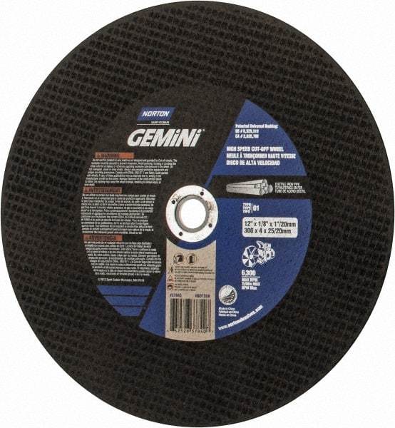 Norton - 12" 24 Grit Aluminum Oxide/Silicon Carbide Blend Cutoff Wheel - 1/8" Thick, 1" Arbor, 6,360 Max RPM, Use with Electric & Gas Powered Saws - Benchmark Tooling
