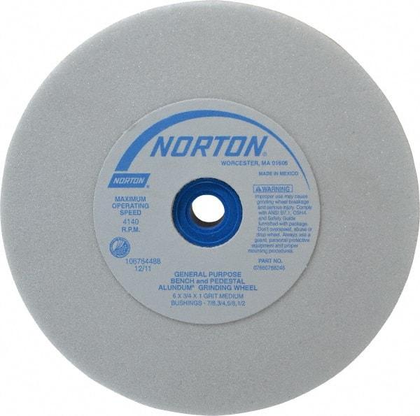 Norton - 60 Grit Aluminum Oxide Bench & Pedestal Grinding Wheel - 6" Diam x 1" Hole x 3/4" Thick, 4140 Max RPM, J Hardness, Medium Grade , Vitrified Bond - Benchmark Tooling