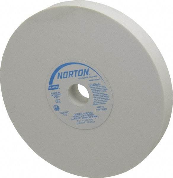 Norton - 100 Grit Aluminum Oxide Bench & Pedestal Grinding Wheel - 8" Diam x 1" Hole x 1" Thick, 3600 Max RPM, J Hardness, Fine Grade , Vitrified Bond - Benchmark Tooling