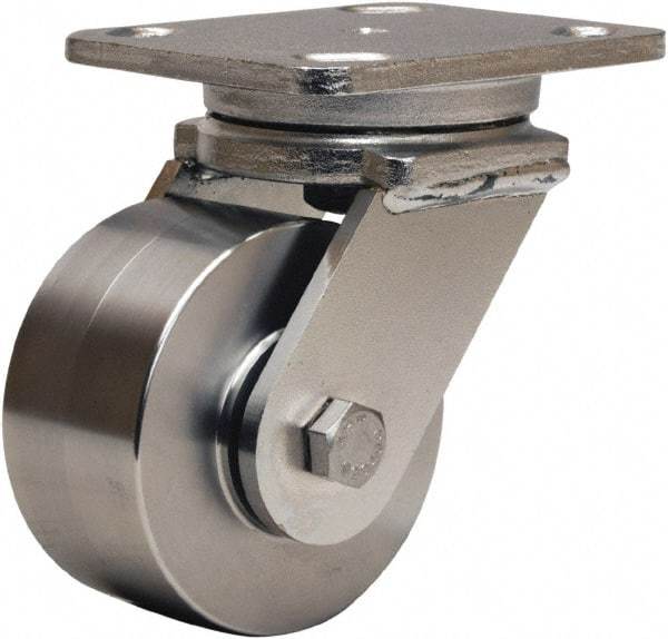 Hamilton - 4" Diam x 2" Wide x 5-5/8" OAH Top Plate Mount Swivel Caster - Forged Steel, 850 Lb Capacity, Stainless Steel Double Shielded Precision Ball Bearing, 4 x 5" Plate - Benchmark Tooling