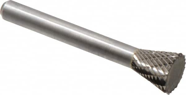 Atrax - 1/2" Cut Diam, 1/4" Shank Diam, Inverted Cone Head Double Cut Burr - Carbide, Flat End, 1/2" LOC, 2-1/4" OAL - Benchmark Tooling