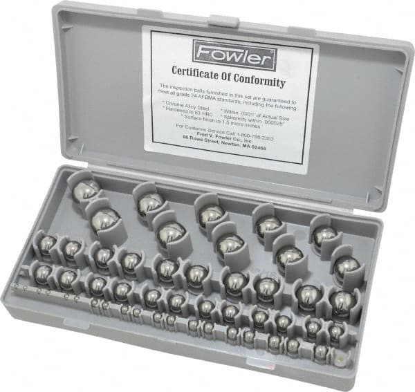 Fowler - 1/8 to 1 Inch Diameter, Chrome Steel, Gage Ball Set - 0.0001 Inch Tolerance, Grade 24 Accuracy, 63 RC Hardness, 26 Pairs - Benchmark Tooling