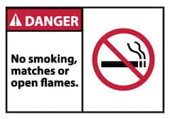 NMC - Accident Prevention Label, Header: DANGER - Legend: Danger - No Smoking, Matches or Open Flames, English, Red, Black & White, 5" Long x 3" High, Sign Muscle Finish - Benchmark Tooling