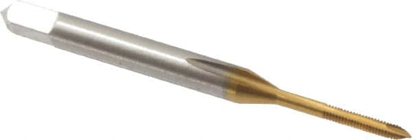 Hertel - #0-80 UNF, 2 Flute, TiN Finish, High Speed Steel Spiral Point Tap - Plug Chamfer, Right Hand Thread, 1-5/8" OAL, 5/16" Thread Length, 0.141" Shank Diam, 3B Class of Fit - Exact Industrial Supply