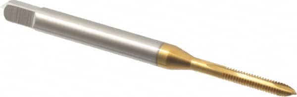 Hertel - #1-64 UNC, 2 Flute, TiN Finish, High Speed Steel Spiral Point Tap - Plug Chamfer, Right Hand Thread, 1-11/16" OAL, 3/8" Thread Length, 0.141" Shank Diam, 2B Class of Fit - Exact Industrial Supply