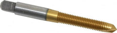 Hertel - 5/16-24 UNF, 2 Flute, TiN Finish, High Speed Steel Spiral Point Tap - Plug Chamfer, Right Hand Thread, 2-23/32" OAL, 1-1/8" Thread Length, 0.318" Shank Diam - Exact Industrial Supply