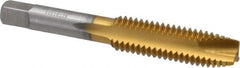 Hertel - 1/2-13 UNC, 3 Flute, TiN Finish, High Speed Steel Spiral Point Tap - Plug Chamfer, Right Hand Thread, 3-3/8" OAL, 1-21/32" Thread Length, 0.367" Shank Diam - Exact Industrial Supply