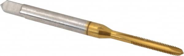 Hertel - #2-64 UNF, 2 Flute, TiN Finish, High Speed Steel Spiral Point Tap - Plug Chamfer, Right Hand Thread, 1-3/4" OAL, 7/16" Thread Length, 3B Class of Fit - Exact Industrial Supply