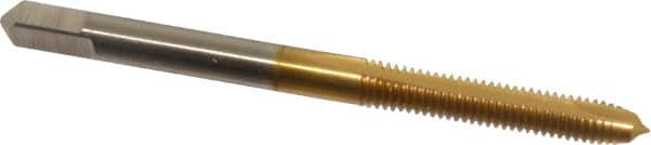 Hertel - M4x0.70 Metric Coarse, 2 Flute, TiN Finish, High Speed Steel Spiral Point Tap - Plug Chamfer, Right Hand Thread, 2-1/8" OAL, 3/4" Thread Length, 0.168" Shank Diam - Exact Industrial Supply