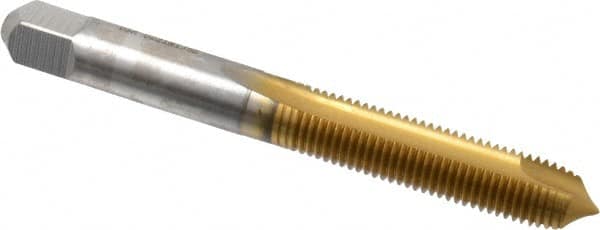 Hertel - M8x1.00 Metric Fine, 2 Flute, TiN Finish, High Speed Steel Spiral Point Tap - Plug Chamfer, Right Hand Thread, 2-23/32" OAL, 1-1/8" Thread Length, 0.318" Shank Diam - Exact Industrial Supply