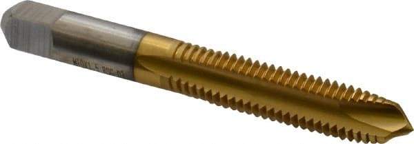 Hertel - M10x1.50 Metric Coarse, 3 Flute, TiN Finish, High Speed Steel Spiral Point Tap - Plug Chamfer, Right Hand Thread, 2-15/16" OAL, 1-1/4" Thread Length, 0.381" Shank Diam - Exact Industrial Supply