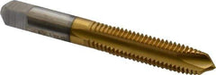 Hertel - M10x1.50 Metric Coarse, 3 Flute, TiN Finish, High Speed Steel Spiral Point Tap - Plug Chamfer, Right Hand Thread, 2-15/16" OAL, 1-1/4" Thread Length, 0.381" Shank Diam - Exact Industrial Supply