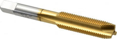 Hertel - 7/16-20 UNF, 3 Flute, TiN Finish, High Speed Steel Spiral Point Tap - Plug Chamfer, Right Hand Thread, 3-5/32" OAL, 1-7/16" Thread Length - Exact Industrial Supply