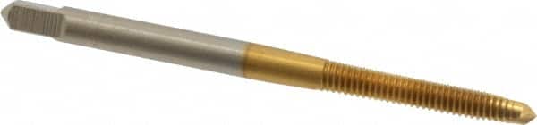 Hertel - M3.5x0.60 Metric Coarse, 2 Flute, TiN Finish, High Speed Steel Spiral Point Tap - Plug Chamfer, Right Hand Thread, 2" OAL, 11/16" Thread Length, 0.141" Shank Diam - Exact Industrial Supply