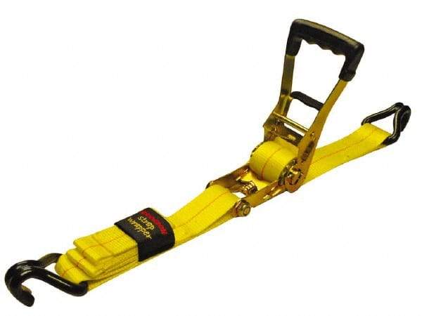 Erickson Manufacturing - 27' Long x 2" Wide, 10,000 Lb Basket Capacity, Polyester Web Sling - Yellow, with Ratchet Tie Down - Benchmark Tooling