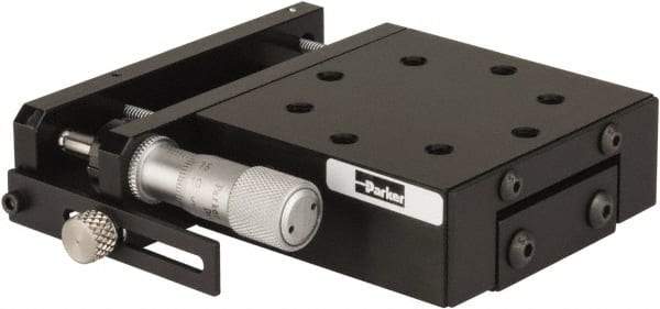 Parker - 29 Kg Capacity, M5 Mount Hole, 13mm Travel, Precision Ball Bearing Table with Side Drive - X-Y Stage, 8 Mounting Holes, 65mm Long x 66-1/2mm Wide x 25.4mm High - Benchmark Tooling