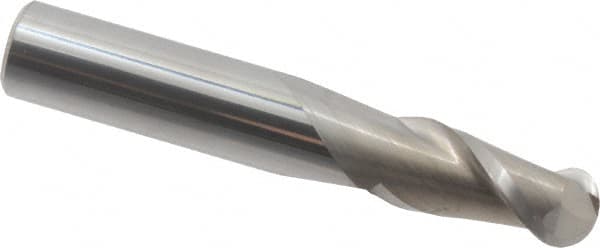 Accupro - 15/32" Diam, 1" LOC, 2 Flute Solid Carbide Ball End Mill - Uncoated, Single End, 3" OAL, 1/2" Shank Diam, Spiral Flute - Benchmark Tooling